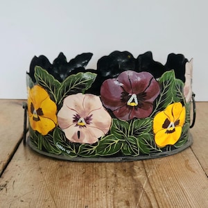 Vintage Floral Toleware Planter, Hand Painted Metal Basket, 1947 Pansy Cachepot, Cottagecore Decor, English Cottage Planter
