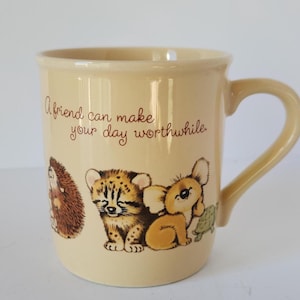 Taza vintage de 1983 con diseño de amigo y cría de animal, ideal para café o té, ideal para amigos, vintage, de los 80 y con temática de animales.