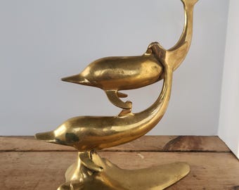 Vintage Large Brass Dolphin Sculpture Vintage, Mid Century Modern Ocean Decor, Coastal Nautical Figurine, Marine Life Statue