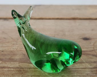 Vintage Green Glass Whale Paperweight, Hand Blown Art Glass, Ocean Decor, Coastal Marine Figurine