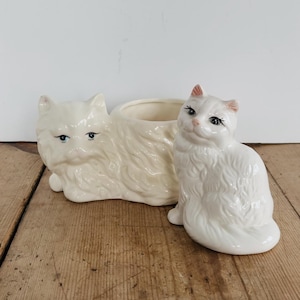 Vintage MCM Persian Cat Planter Figurine Set, Ceramic Cat Decor