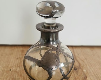 Vintage Art Nouveau Perfume Bottle, Silver Overlay Glass Vanity Decor