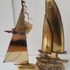 Vintage MidCentury Modern Brass and Onyx Sailboat Sculpture by John/Don DeMott/Brass Sculptures/Sailboat Art/Nautical Decor/Maritime Decor