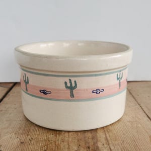 May include: A cream ceramic bowl with a pink and blue band featuring cactus and desert plant designs. The bowl has a rounded shape and is set on a wooden surface.