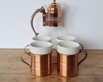 Vintage Copper and Brass Mug Set with White Ceramic Inserts and Copper Carafe/Mixed Metal Mugs/Vintage Baker, Hart & Stuart Mugs/Daewoo Mugs