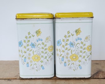 Vintage Cheinco Spring Meadow Canisters, Yellow Cottage Kitchen Storage Tins