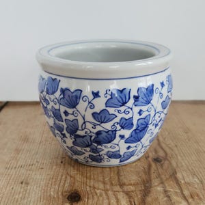 Vintage Blue White Planter, Floral Ceramic Pot, Small Boho Planter, Cottage Decor Succulent Pot