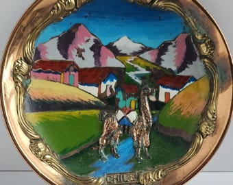 Vintage Handpainted Ornate Copper Plate from Chile/South American Decor/Llama Decor/Colorful Wall Hangings/Copper Decor/Decorative Plate