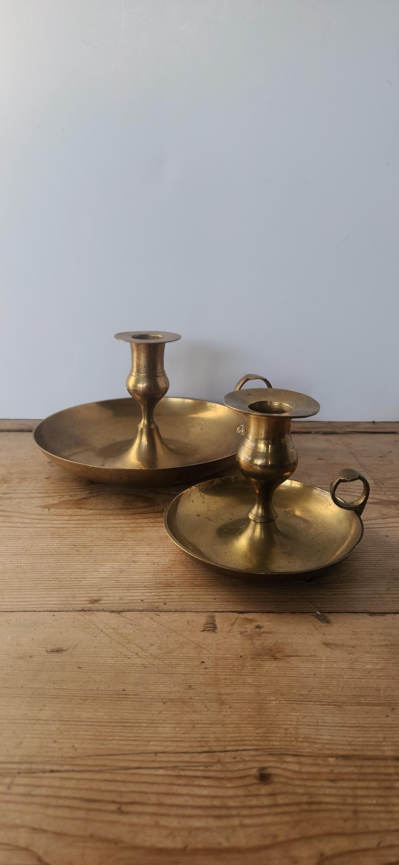 Vintage Extra Large Brass Candlestick Holder/Chamberstick Candle Holder/Brass Candlestick with Handle/Large Brass Candle Holder/Primitive