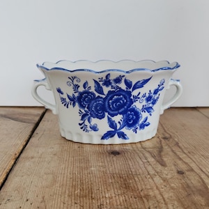 Vintage Andrea by Sadek Blue White Floral Planter, Scalloped Ceramic Cachepot