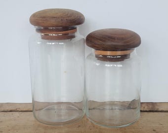 Vintage Set of Glass Jars with Teak Wood Lids/Mid-Century Jars/MCM Canister Set/Mid Century Storage Containers/Teak Wood Jar Set/Decorative