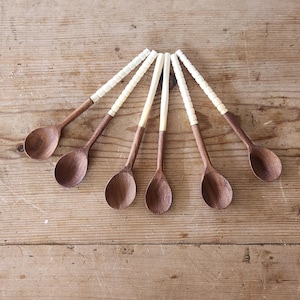 Vintage Set of 6 Handcarved Wooden Spoons with Bone Handles/Decorative Spoons/Wood Spoons/Bone Utensils/Carved Wood and Bone/Unique Spoons