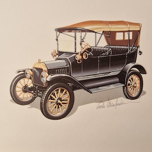 Könnte beinhalten: Illustration eines schwarzen Ford Model T aus dem Jahr 1908. Das Auto hat ein beigefarbenes Cabrioverdeck, goldfarbene Scheinwerfer und Räder mit Holzspeichen. Die Signatur des Künstlers ist sichtbar. Der Text "FORD mod. T - 1908" steht unten.