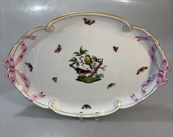 Herend Rothschild Pink Ribbon Porcelain Platter 16 x 11" Gold Trim Vintage 1960s