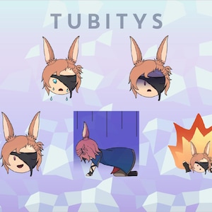 May include: A collection of cartoon rabbit characters with various expressions. The rabbits have brown fur, long ears, and wear a black eye mask. The image includes the word "TUBITYS" at the top.