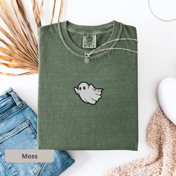 Embroidery Ghost Shirt | Minimalist Retro Halloween Tee | Comfort Colors® | Spooky Season Vintage T-Shirt | Trick-or-Treat Ghostly Cute Wear