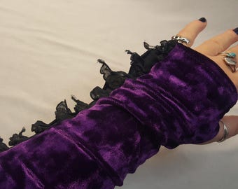 PAARSE fluwelen en zwarte kant GOTHIC punk armwarmers - pluche stretchfluweel met duimgat voor geweldige pasvorm, vingerloze handschoenen