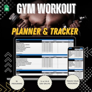 May include: A digital planner and tracker for gym workouts. The image shows a computer screen and a phone screen displaying a spreadsheet with workout routines, sets, reps, and notes. The text on the screen says "Gym Workout Planner & Tracker".
