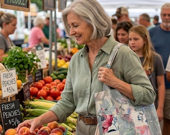 May include: A patchwork tote bag featuring a floral pattern in shades of blue, pink, and white, carried over the shoulder. The bag is constructed from square fabric panels and is paired with a separate white mesh produce bag containing fruit.