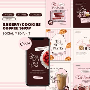 May include: Social media kit for a bakery, coffee shop, or cookie shop. The kit includes 20 Instagram posts, 20 stories, and 3 carousels. The images feature pastries, coffee, and desserts. The text includes the phrases "Bakery/Cookies Coffee Shop", "The Art of Pastry", "Our Fav Duos", "Sweet of the Week", and "Red Velvet Cake".
