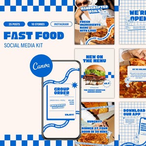 May include: A social media kit for a fast food restaurant with a blue and white checkered background. The kit includes images of pizza, burgers, and a group order deal. The text "FAST FOOD" is in large, bold letters at the top of the image. The text "SOCIAL MEDIA KIT" is below the title. The text "Canva" is in the lower left corner of the image. The text "GROUP ORDER" is in a blue box in the center of the image. The text "NEW ON THE MENU" is in a blue box in the upper right corner of the image. The text "WE'RE OPEN" is in a blue box in the upper left corner of the image. The text "DOWNLOAD OUR APP" is in a blue box in the lower right corner of the image.