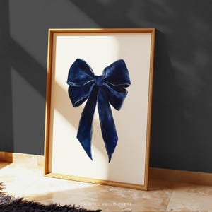 Laço de veludo azul marinho feminino, arte de parede para impressão, pôster de quarto, impressão de arte em aquarela, arte de parede moderna, arte de parede estética legal, laço coquete