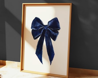 Girly Navy Blue Velvet Bow, PRINTABLE Wall Art, Bedroom Poster, Watercolor Art Print, Trendy Wall Art, Cool Aesthetic Wall Art, Coquette Bow