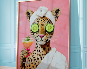 Leopard Gal with Cocktail, PRINTABLE Wall Art, Maximalist Oil Painting, Trendy Wall Art, Dopamine Poster, Bathroom Artwork, Bright Eclectic