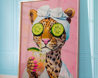 Chill Leopard Drink, PRINTABLE Wall Art, Maximalist Oil Painting, Trendy Wall Art, Pink Preppy Poster, Bathroom, Classy Girl, Retro Funny