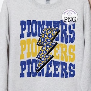 Pioneers PNG Image, Mascot Name School Spirit Blue Gold Leopard Lightning Bolt Design, Sublimation Designs Downloads, PNG File