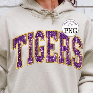 Tigers PNG Image, Mascot School Spirit Purple Gold Varsity Curved Design, Sublimation Designs Downloads, PNG File