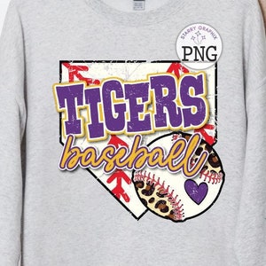 Imagen PNG de béisbol de los Tigres, diseño de oro morado de los Tigres de béisbol de la escuela de mascotas, descargas de diseños de sublimación, archivo PNG