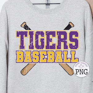 Imagen PNG de tigres, mascota de béisbol de los tigres, diseño de espíritu escolar morado y dorado, descargas de diseños de sublimación, archivo PNG