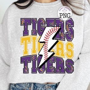 Tigers PNG Image, Baseball Tigers Mascot School Spirit Purple Gold Design, Sublimation Designs Downloads, PNG File