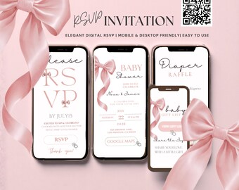 Pink coquetteful babyshower invite baby girl,pink bow shower invite,online rsvp invite,rsvp websites,blush pink bow baby shower BPB1