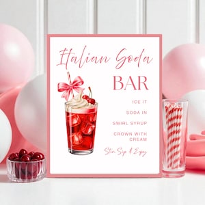 May include: A pink sign with the words "Italian Soda BAR" in elegant script. An illustration of a red Italian soda with ice, whipped cream, and cherries is featured. A glass of red and white striped straws is on the right.