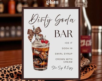 Gepard Leopard Schleife Dirty Soda Bar Schild Vorlage Bearbeitbares Canva Party Signature Drink Poster Alkoholfreie Pop Bar Grad Baby Brautdekoration