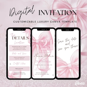 Convite de aniversário de 21 anos com laço rosa elegante – modelo animado minimalista para mulheres elegantes, cartão de aniversário de 21 anos, convite de aniversário feminino