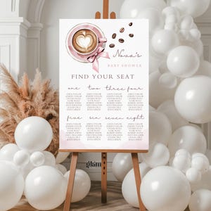 A Baby Is Brewing Dusty Pink Coffee Baby Shower seating chart shower coffee theme baby baby brewing coffee shower table Assignment BCP1