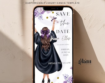 Minimalist purple graduation invites flowers Save The Date digital,coquette bow graduation,class of2026,grad invite flowers,bow grad invite
