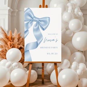 Modèle de bienvenue coquette bluebow, décorations d'arc coquets modèle signé d'anniversaire, décoration de fête sur le thème glam de noeud de luxe modifiable 9IC