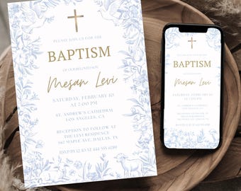 May include: Baptism invitation with floral and dove illustrations in blue and white. The invitation includes the text "Baptism of our beloved son Mesan Levi" and event details. A smartphone displays the same design.