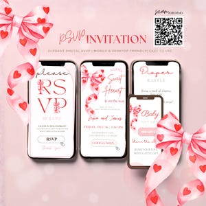 May include: Digital RSVP invitation design with smartphones displaying event details. The design includes pink watercolour bows with red hearts, and the text "RSVP Invitation" and "A Little Sweet Heart". The invitation is mobile and desktop friendly.