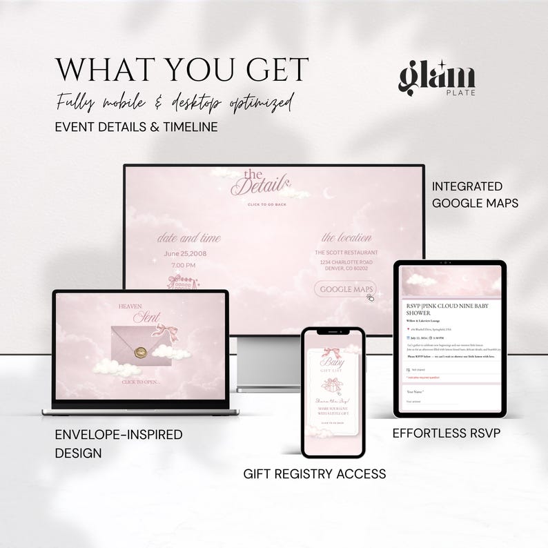 May include: A digital invitation design displayed on a laptop, desktop, tablet, and smartphone. The design features a pink and white color scheme with the text "Heaven Sent" and "Baby". The image also includes the text "What You Get".
