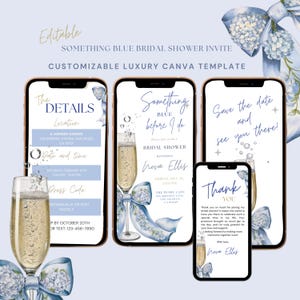May include: A digital invitation template for a bridal shower, featuring a champagne glass and blue floral accents. The design includes text that reads "Something Blue Bridal Shower Invite" and "Save the date and see you there!"
