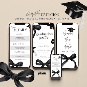 Könnte beinhalten: Ein digitales Einladungs-Set für Abschlussfeiern als Canva-Vorlage auf vier Smartphones. Die Designs zeigen schwarze Schleifen, Doktorhüte und Texte wie The Details, Graduation Party, Save the Date und Thank You auf einem neutralen Hintergrund.