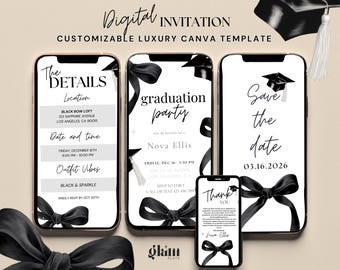 May include: A digital graduation invitation Canva template set displayed on four smartphones. The designs feature black bows, graduation caps, and text including The Details, Graduation Party, Save the Date, and Thank You, all set against a neutral background.