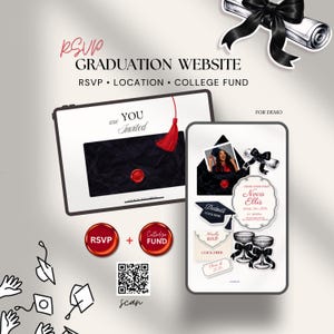 Könnte beinhalten: Digitales Abschlussankündigungsdesign mit Tablet- und Smartphone-Mockups. Das Tablet zeigt "are YOU Invited" mit einer roten Quaste. Das Smartphone zeigt ein Foto, Einladungsdetails und RSVP-Optionen. Enthält einen QR-Code und Grafiken zum Thema Abschluss.