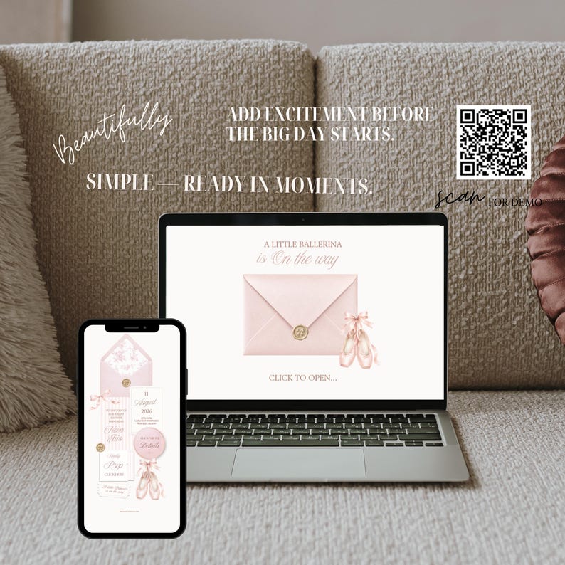 May include: A laptop and smartphone displaying a digital baby shower invitation with a pink envelope, ballet slippers, and the text A LITTLE BALLERINA is On the way. The screen includes a QR code with the text ADD EXCITEMENT BEFORE THE BIG DAY STARTS.