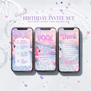 May include: Digital birthday invite set on three smartphones. The invites have a pool party theme with pink flamingos, the text "Pool Party", and event details. The design includes the text "Thank You" and "Details".